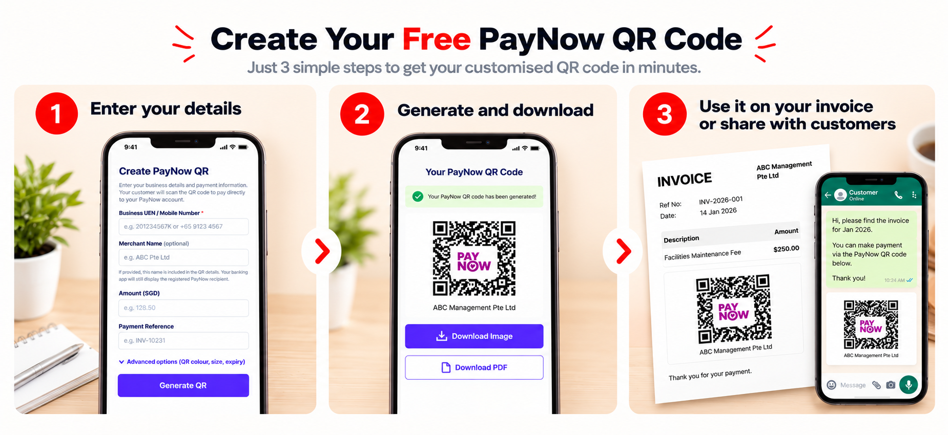 Step-by-step guide to creating a free PayNow QR code in Singapore using FoodLine. Enter payment details, generate your QR code, and share it via WhatsApp or invoices.
